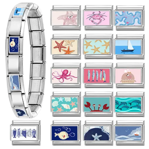 Stainless Steel Italian Charm Link Ocean Theme Fish Crab Starfish Sailboat Modular DIY Bracelet Accessory Jewelry Making