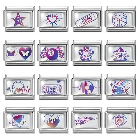 DIY Italian Charm Bracelet Links Stainless Steel Colorful Gradient Charms For Modular Jewelry Making Heart Star Butterfly Music Pattern Jewelry Findings