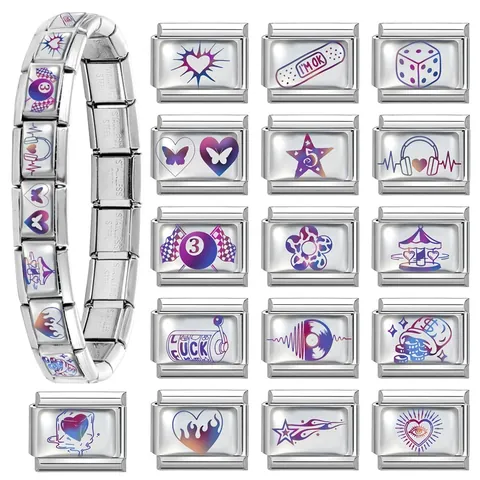 DIY Italian Charm Bracelet Links Stainless Steel Colorful Gradient Charms For Modular Jewelry Making Heart Star Butterfly Music Pattern Jewelry Findings