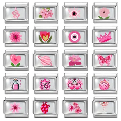 Pink Italian Charm Bracelet Links Stainless Steel DIY Jewelry Making Charms Floral Heart Evil Eye Butterfly Pattern Spliceable Link For Women Jewelry