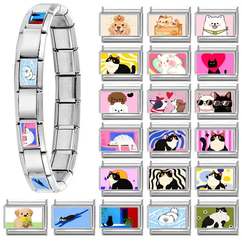 Edelstahl Italienische Charm Armband Glieder Süße Haustier Katze Hund Illustrationen DIY Modularen Schmuck Für Damen
