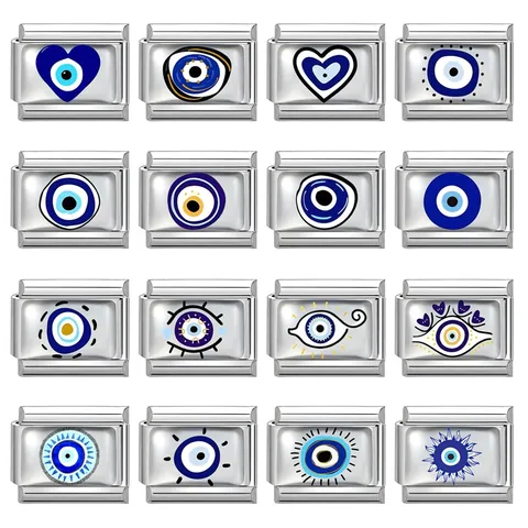 Eslabones Modulares Italian Charm de Acero Inoxidable Ojo Turco Azul Corazón Esmalte Accesorios Joyería DIY para Pulseras