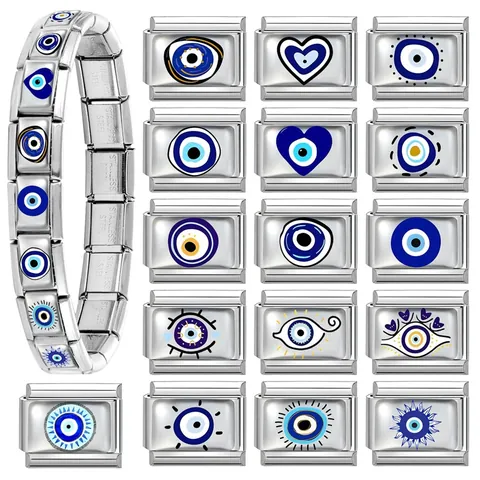 Eslabones Modulares Italian Charm de Acero Inoxidable Ojo Turco Azul Corazón Esmalte Accesorios Joyería DIY para Pulseras