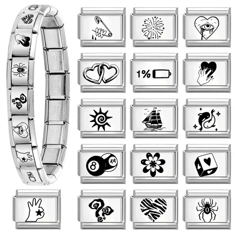 Stainless Steel Italian Charm Bracelet Links For DIY Modular Jewelry Making Laser Engraved Heart Star Symbol Interchangeable Beads Accessories For Women Men