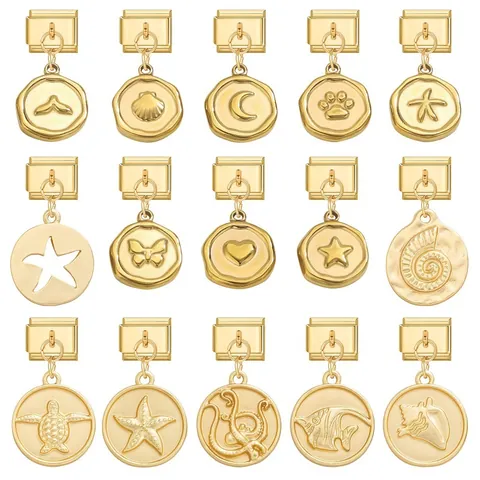 Edelstahl Vergoldete Italienische Modul Charm Glied Meerestier Runde Platte Anhänger Für DIY Armband Schmuck
