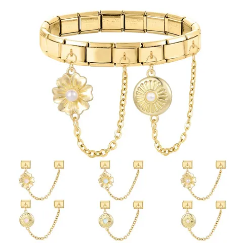 Vergoldeter Edelstahl Italienisches Charm Armband Sicherheitskette Modular Blume Gänseblümchen Sonnenstrahl Muster Mit Perlen DIY Schmuckzubehör