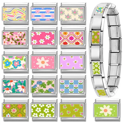 Stainless Steel Flower Italian Charm Link For DIY Modular Bracelet Floral Daisy Pattern Jewelry Making Component For Women