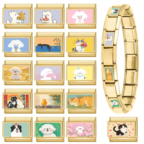 Gold Stainless Steel Italian Charm Links Cute Cartoon Pet Cat Dog Pattern For DIY Modular Bracelet Jewelry Accessories Women