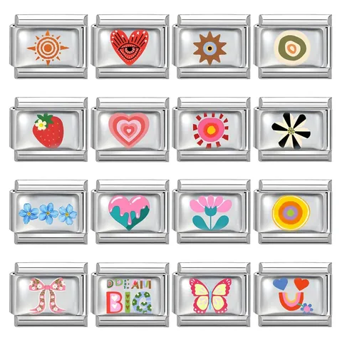 Stainless Steel Italian Charm Bracelet Links Modular DIY Jewelry Links With Heart Butterfly Evil Eye Patterns For Women