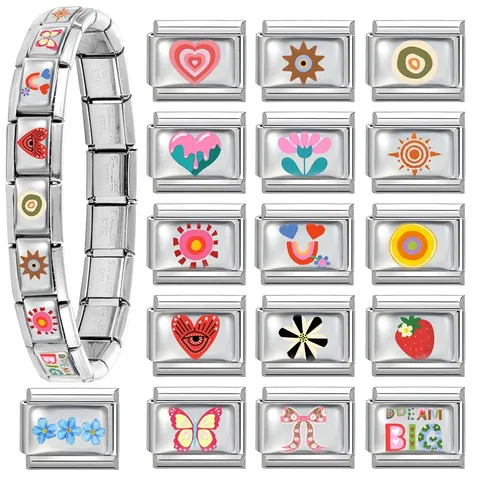 Stainless Steel Italian Charm Bracelet Links Modular DIY Jewelry Links With Heart Butterfly Evil Eye Patterns For Women
