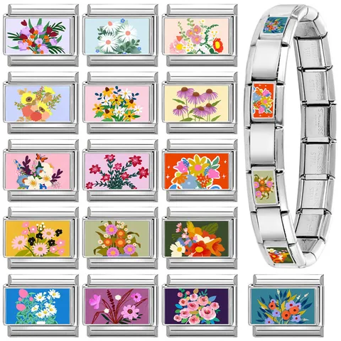 Maillons de Bracelet Italian Charm en Acier Inoxydable Breloques Fleurs Colorées Maillons Bijoux Modulaires DIY Accessoires de Bracelet pour Femmes