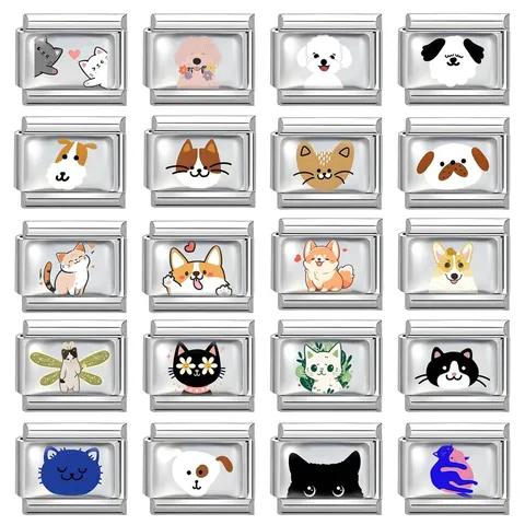 Stainless Steel Italian Charm Link Cute Cartoon Pet Cat Dog Pattern For DIY Modular Bracelet Jewelry Making Personalized Gift