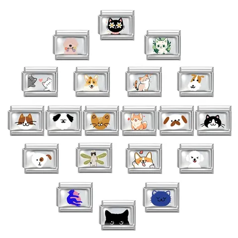 Stainless Steel Italian Charm Link Cute Cartoon Pet Cat Dog Pattern For DIY Modular Bracelet Jewelry Making Personalized Gift