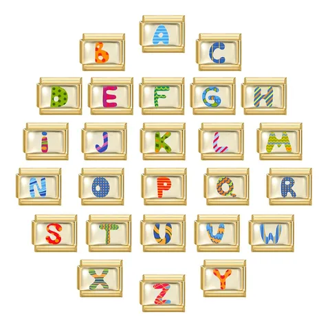 DIY Italienisches Charm Armband Glieder Edelstahl Vergoldet Alphabet A-Z Buntes Muster Modulare Anhänger Für Damen Herren Schmuckherstellung Zubehör