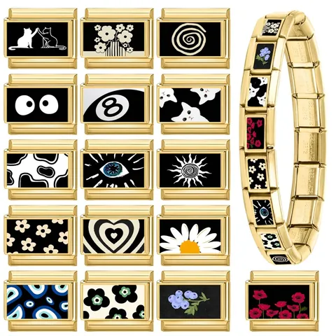 Maglie per Bracciali Italian Charm in Acciaio Inossidabile Placcato Oro Fai-da-te Cuore Gatto Malocchio Fiore Sole 8 Ball Pop Art