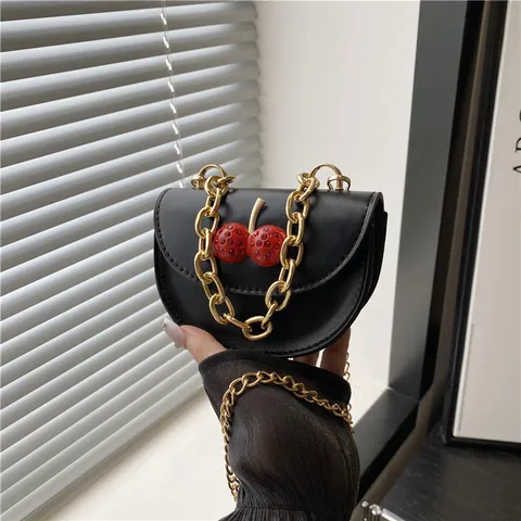 Women Mini Saddle Bag PU Leather 3D Cherry Decoration Gold Chain Crossbody Shoulder Bag Commuter Sweet Fashion Handbag