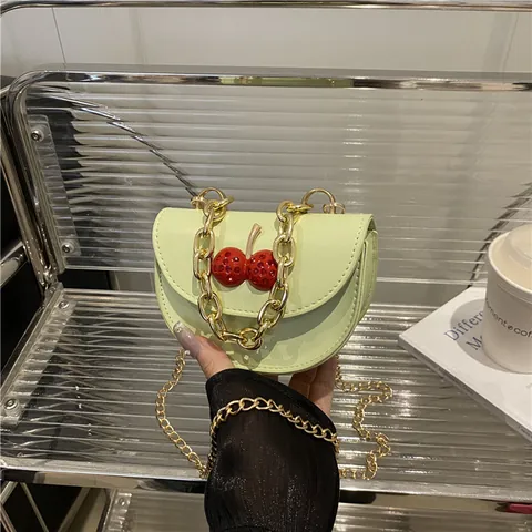 Women Mini Saddle Bag PU Leather 3D Cherry Decoration Gold Chain Crossbody Shoulder Bag Commuter Sweet Fashion Handbag