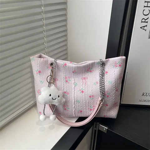 Dames Bloemenprint Tote Tas Zoete Roos Strik Patroon Jacquard Stof Schoudertas Met Ketting En Wolk Bedel Handtas