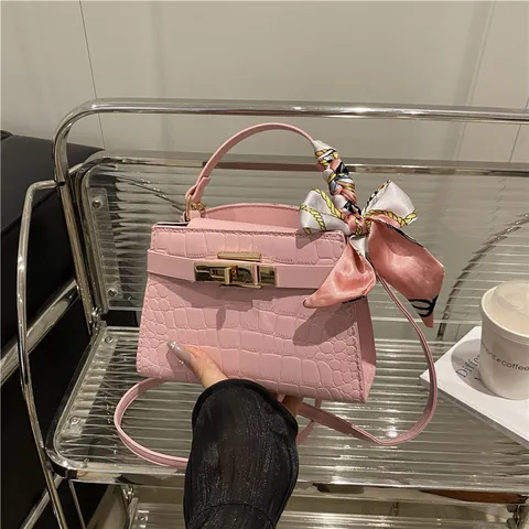 Sac à Main Motif Crocodile Style Coréen Pour Femmes Petit Sac Carré Minimaliste Avec Foulard Fermeture à Verrou Sac à Bandoulière en Cuir PU