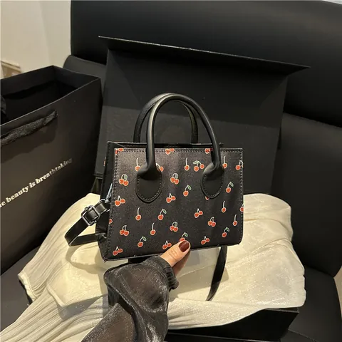Women Trendy Sweet Cherry Print PU Leather Handbag Small Crossbody Shoulder Bag Double Handle Adjustable Strap For Daily Use