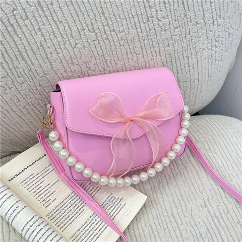 Women Shoulder Bag PU Leather Large Organza Bow Faux Artificial Pearl Chain Handbag Sweet Elegant Crossbody Purse