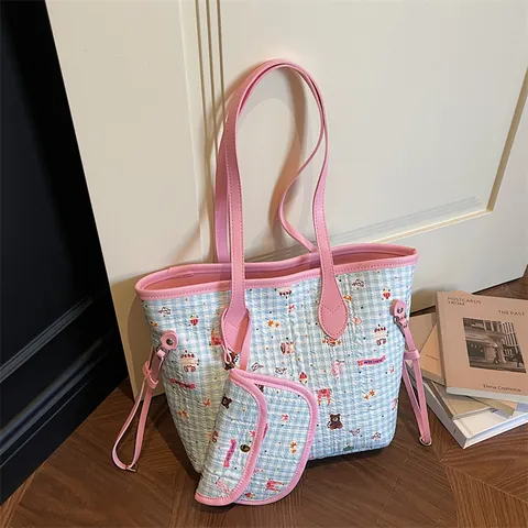 Damen Cartoon Bär Gingham Tote Bag und Kleiner Beutel Segeltuch Gesteppt Große Kapazität Schultertasche Lässige Mode Handtasche