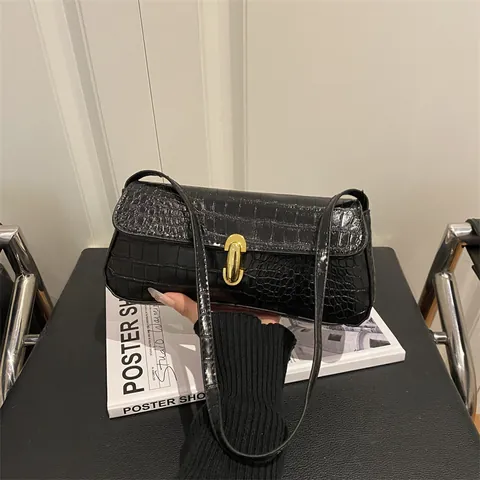 Vintage Krokodilmuster Damen Unterarmtasche Kunstleder Schultertasche Mit Gold Magnetverschluss Schicke Baguette Tasche Lässig