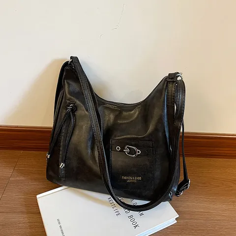 Vintage PU Leather Shoulder Bag For Women Large Capacity Solid Color Tote Bag Fashion Commuter Crossbody Hobo Bag Casual Handbag
