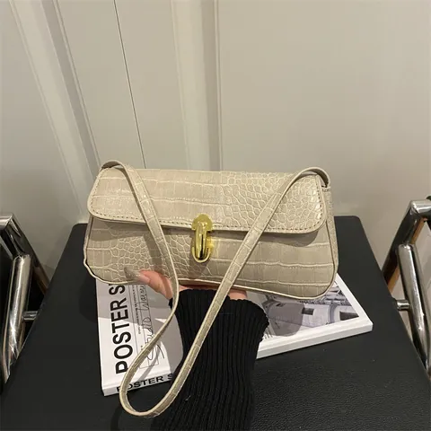 Vintage Krokodilmuster Damen Unterarmtasche Kunstleder Schultertasche Mit Gold Magnetverschluss Schicke Baguette Tasche Lässig