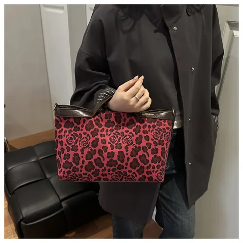 Women's Vintage Leopard Print Rose Pattern Tote Bag Large Capacity Casual Crossbody Bag PU Leather Trim Shoulder Handbag