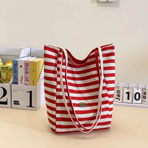 Damen Streifen Canvas Einkaufstasche Große Kapazität Lässige Schultertasche Mit Metall-Etikett Handtaschen Für Den Alltag