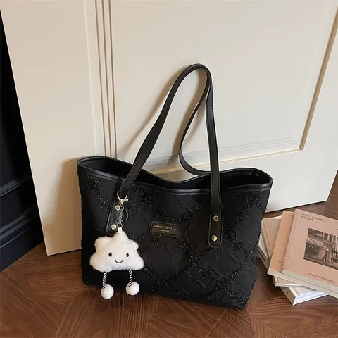 Women Large Capacity Tote Bag Embroidered Floral Quilted Canvas Handbag PU Leather Strap Cloud Charm Casual Shoulder Bag