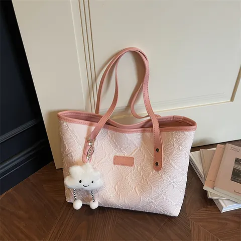 Women Large Capacity Tote Bag Embroidered Floral Quilted Canvas Handbag PU Leather Strap Cloud Charm Casual Shoulder Bag