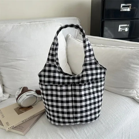 Borsa Tote da Donna in Tela Gingham Grande Capacità Motivo a Griglia Shopping Bag Stile Coreano Minimalista Versatile