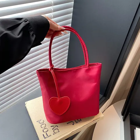 Simple Fashion Nylon Tote Handbag With Heart Pendant Lightweight Solid Color Hand Bag For Women Daily Work School Travel