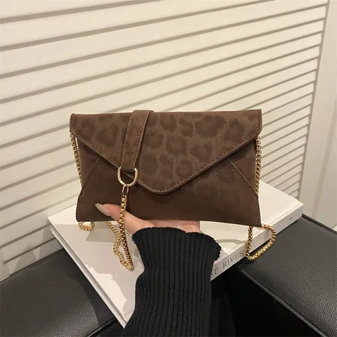 Women's Vintage Leopard Print Suede Envelope Crossbody Bag Elegant Fashion Chain Shoulder Bag Daily Casual Handbag
