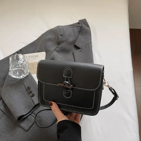 Borsa a Tracolla Vintage da Donna in Pelle PU Piccola Quadrata Con Chiusura a Alamaro Cuciture a Contrasto Elegante