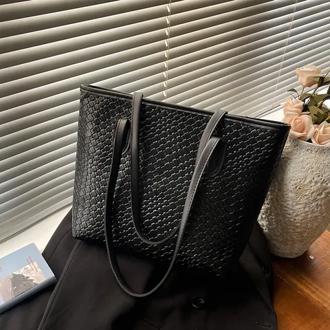 Bolso Tote Retro para Mujer Textura Tejida Gran Capacidad Cuero PU Viaje Diario Bolso de Hombro Minimalista Patrón de Cuadrícula