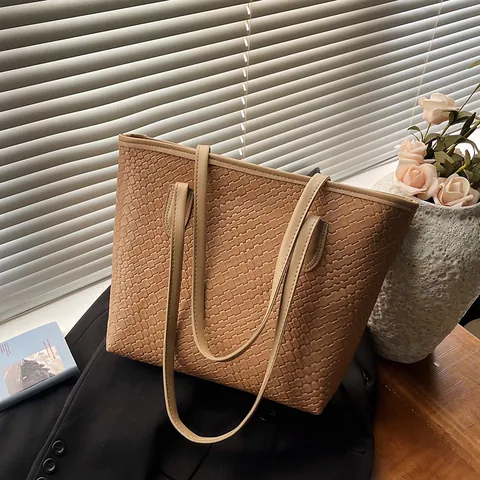 Bolso Tote Retro para Mujer Textura Tejida Gran Capacidad Cuero PU Viaje Diario Bolso de Hombro Minimalista Patrón de Cuadrícula