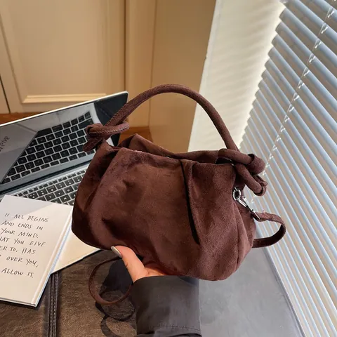 Vintage Suede Texture Pleated Small Square Bag For Women Casual Knot Handle Magnetic Closure Shoulder Crossbody Handbag