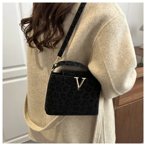 Borsa Quadrata Piccola da Donna con Stampa Leopardata Logo V in Metallo Oro Pelle Scamosciata PU Tracolla Moda Borsa a Mano