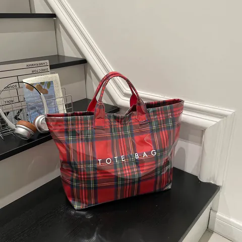 Große Kapazität Karo Tote Bag Für Damen Wasserdicht PVC Handtasche Mode Kariert Umhängetasche Vielseitig Pendler Einkaufstasche