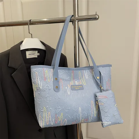 Women Large Capacity Tote Bag With Small Pouch Colorful Wave Embroidery Embossed Shoulder Bag For Daily Commute Fashion Bag Set