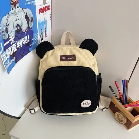 Cute Corduroy Animal Ear Backpack For Women Girls Color Block Small School Bag Contrast Color Travel Rucksack Casual Mini Daypack