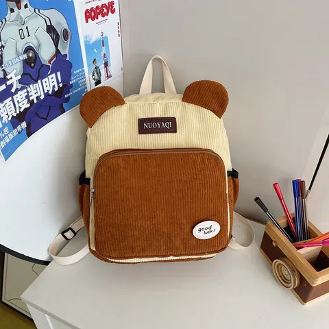 Cute Corduroy Animal Ear Backpack For Women Girls Color Block Small School Bag Contrast Color Travel Rucksack Casual Mini Daypack