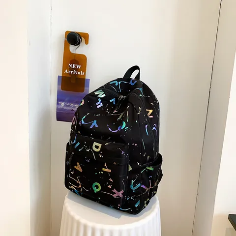 Women Casual Canvas Backpack with Holographic Letter Print Splatter Graffiti School Bag Large Capacity Travel Daypack