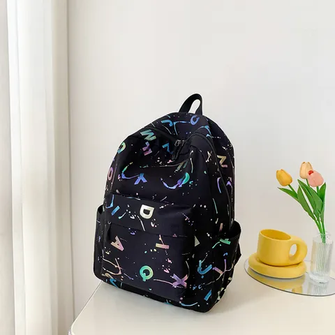 Women Casual Canvas Backpack with Holographic Letter Print Splatter Graffiti School Bag Large Capacity Travel Daypack
