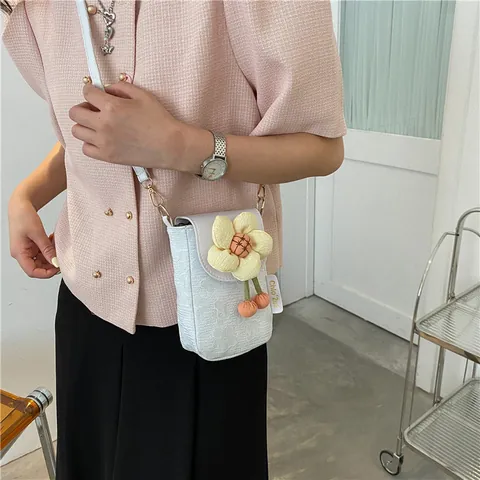 Women's Mini Floral Mobile Phone Bag Fashion Jacquard Crossbody Bag With 3D Flower Pompom Charm Sweet Small Square Bag