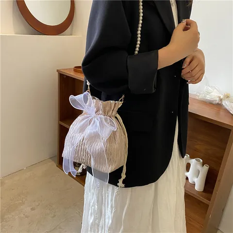 Fairy Pearl Pleated Bucket Bag With Organza Bow Drawstring Sweet Small Shoulder Crossbody Bag For Women Party Fashion Handbag