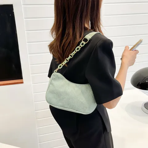 Bolso de Axila de Pana para Mujer Retro Minimalista Hobo Correa de Cadena Color Sólido Cremallera Bolso de Hombro Casual de Mano